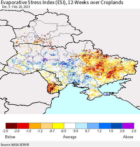 Ukraine, Moldova and Belarus Evaporative Stress Index (ESI), 12-Weeks over Croplands Thematic Map For 2/20/2023 - 2/26/2023