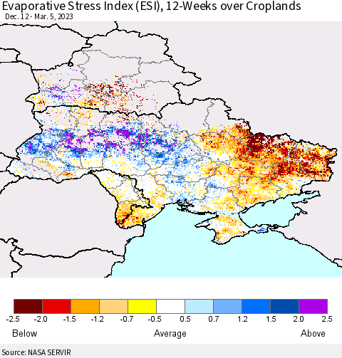 Ukraine, Moldova and Belarus Evaporative Stress Index (ESI), 12-Weeks over Croplands Thematic Map For 2/27/2023 - 3/5/2023