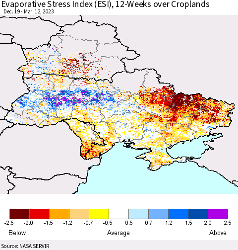 Ukraine, Moldova and Belarus Evaporative Stress Index (ESI), 12-Weeks over Croplands Thematic Map For 3/6/2023 - 3/12/2023