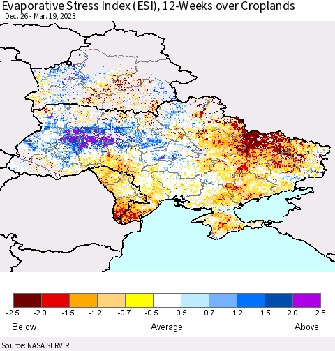 Ukraine, Moldova and Belarus Evaporative Stress Index (ESI), 12-Weeks over Croplands Thematic Map For 3/13/2023 - 3/19/2023