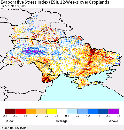 Ukraine, Moldova and Belarus Evaporative Stress Index (ESI), 12-Weeks over Croplands Thematic Map For 3/20/2023 - 3/26/2023