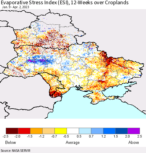 Ukraine, Moldova and Belarus Evaporative Stress Index (ESI), 12-Weeks over Croplands Thematic Map For 3/27/2023 - 4/2/2023