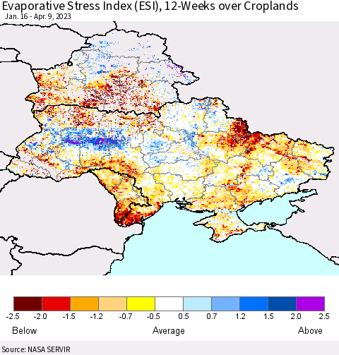 Ukraine, Moldova and Belarus Evaporative Stress Index (ESI), 12-Weeks over Croplands Thematic Map For 4/3/2023 - 4/9/2023