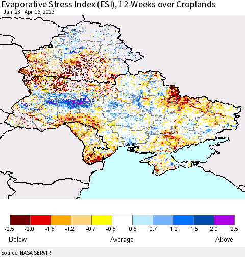 Ukraine, Moldova and Belarus Evaporative Stress Index (ESI), 12-Weeks over Croplands Thematic Map For 4/10/2023 - 4/16/2023