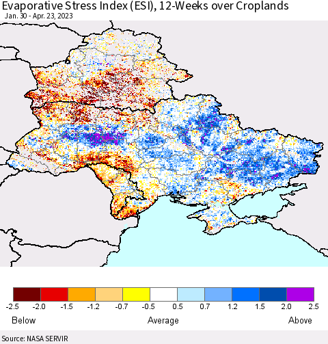 Ukraine, Moldova and Belarus Evaporative Stress Index (ESI), 12-Weeks over Croplands Thematic Map For 4/17/2023 - 4/23/2023