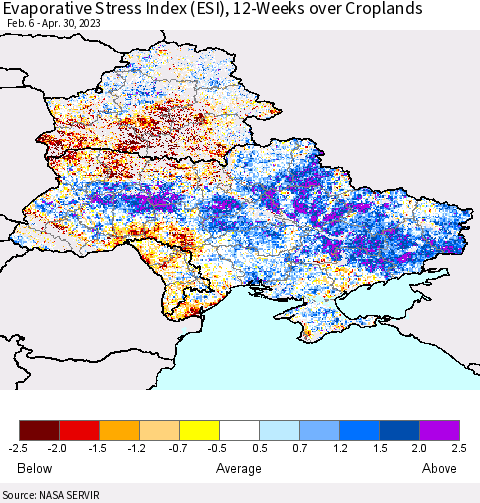 Ukraine, Moldova and Belarus Evaporative Stress Index (ESI), 12-Weeks over Croplands Thematic Map For 4/24/2023 - 4/30/2023