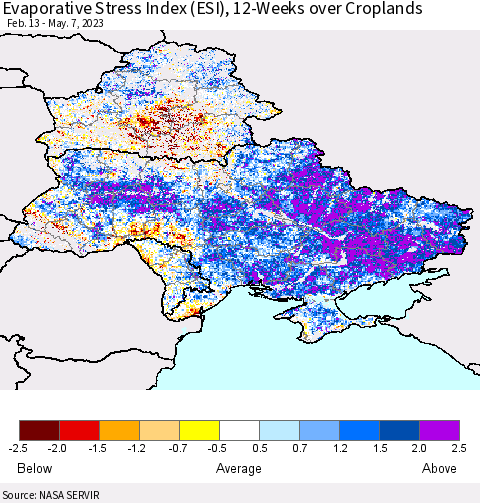 Ukraine, Moldova and Belarus Evaporative Stress Index (ESI), 12-Weeks over Croplands Thematic Map For 5/1/2023 - 5/7/2023