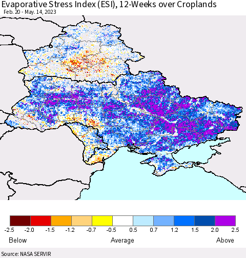 Ukraine, Moldova and Belarus Evaporative Stress Index (ESI), 12-Weeks over Croplands Thematic Map For 5/8/2023 - 5/14/2023