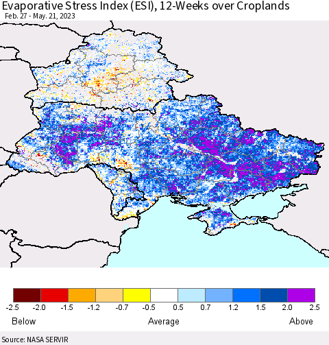 Ukraine, Moldova and Belarus Evaporative Stress Index (ESI), 12-Weeks over Croplands Thematic Map For 5/15/2023 - 5/21/2023