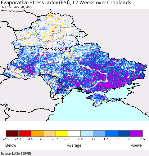 Ukraine, Moldova and Belarus Evaporative Stress Index (ESI), 12-Weeks over Croplands Thematic Map For 5/22/2023 - 5/28/2023