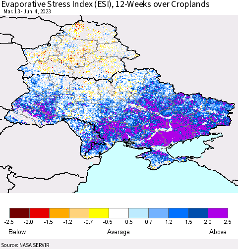 Ukraine, Moldova and Belarus Evaporative Stress Index (ESI), 12-Weeks over Croplands Thematic Map For 5/29/2023 - 6/4/2023