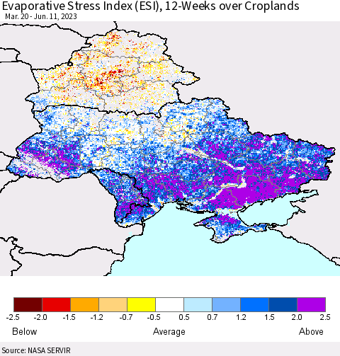 Ukraine, Moldova and Belarus Evaporative Stress Index (ESI), 12-Weeks over Croplands Thematic Map For 6/5/2023 - 6/11/2023