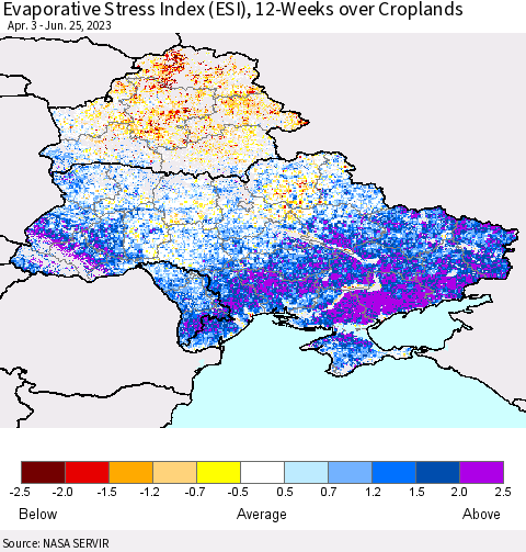 Ukraine, Moldova and Belarus Evaporative Stress Index (ESI), 12-Weeks over Croplands Thematic Map For 6/19/2023 - 6/25/2023