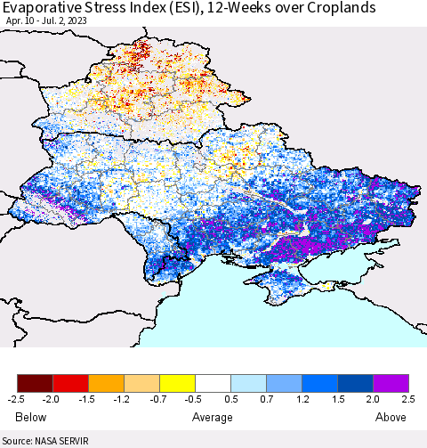 Ukraine, Moldova and Belarus Evaporative Stress Index (ESI), 12-Weeks over Croplands Thematic Map For 6/26/2023 - 7/2/2023