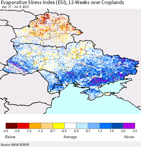 Ukraine, Moldova and Belarus Evaporative Stress Index (ESI), 12-Weeks over Croplands Thematic Map For 7/3/2023 - 7/9/2023