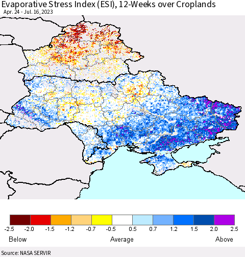 Ukraine, Moldova and Belarus Evaporative Stress Index (ESI), 12-Weeks over Croplands Thematic Map For 7/10/2023 - 7/16/2023