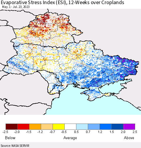Ukraine, Moldova and Belarus Evaporative Stress Index (ESI), 12-Weeks over Croplands Thematic Map For 7/17/2023 - 7/23/2023