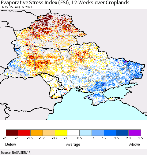 Ukraine, Moldova and Belarus Evaporative Stress Index (ESI), 12-Weeks over Croplands Thematic Map For 7/31/2023 - 8/6/2023