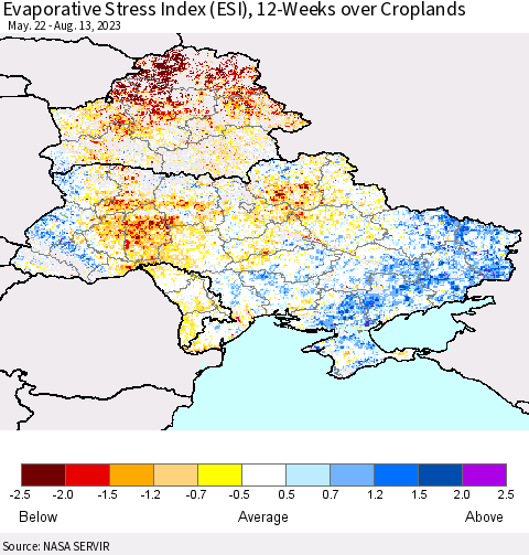 Ukraine, Moldova and Belarus Evaporative Stress Index (ESI), 12-Weeks over Croplands Thematic Map For 8/7/2023 - 8/13/2023