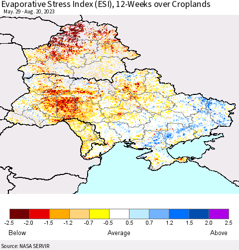Ukraine, Moldova and Belarus Evaporative Stress Index (ESI), 12-Weeks over Croplands Thematic Map For 8/14/2023 - 8/20/2023