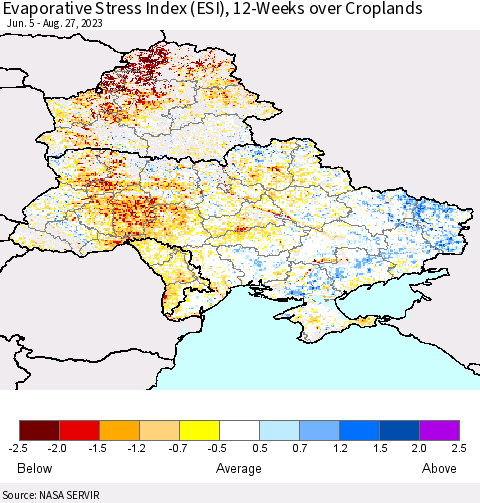 Ukraine, Moldova and Belarus Evaporative Stress Index (ESI), 12-Weeks over Croplands Thematic Map For 8/21/2023 - 8/27/2023