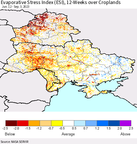 Ukraine, Moldova and Belarus Evaporative Stress Index (ESI), 12-Weeks over Croplands Thematic Map For 8/28/2023 - 9/3/2023