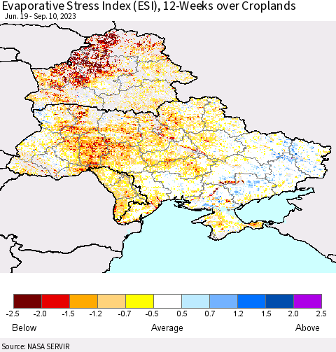 Ukraine, Moldova and Belarus Evaporative Stress Index (ESI), 12-Weeks over Croplands Thematic Map For 9/4/2023 - 9/10/2023