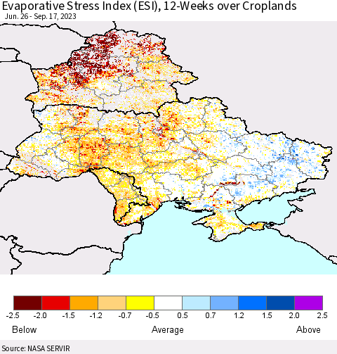 Ukraine, Moldova and Belarus Evaporative Stress Index (ESI), 12-Weeks over Croplands Thematic Map For 9/11/2023 - 9/17/2023