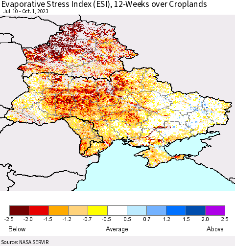 Ukraine, Moldova and Belarus Evaporative Stress Index (ESI), 12-Weeks over Croplands Thematic Map For 9/25/2023 - 10/1/2023