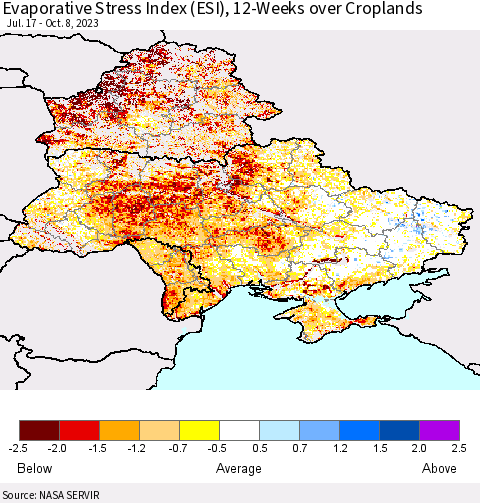 Ukraine, Moldova and Belarus Evaporative Stress Index (ESI), 12-Weeks over Croplands Thematic Map For 10/2/2023 - 10/8/2023