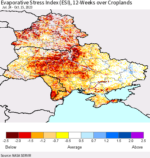 Ukraine, Moldova and Belarus Evaporative Stress Index (ESI), 12-Weeks over Croplands Thematic Map For 10/9/2023 - 10/15/2023