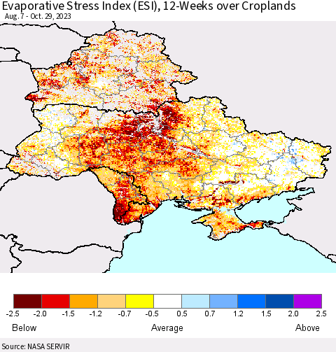 Ukraine, Moldova and Belarus Evaporative Stress Index (ESI), 12-Weeks over Croplands Thematic Map For 10/23/2023 - 10/29/2023