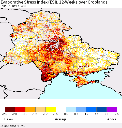 Ukraine, Moldova and Belarus Evaporative Stress Index (ESI), 12-Weeks over Croplands Thematic Map For 10/30/2023 - 11/5/2023