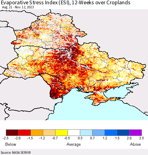 Ukraine, Moldova and Belarus Evaporative Stress Index (ESI), 12-Weeks over Croplands Thematic Map For 11/6/2023 - 11/12/2023