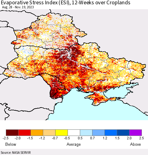 Ukraine, Moldova and Belarus Evaporative Stress Index (ESI), 12-Weeks over Croplands Thematic Map For 11/13/2023 - 11/19/2023