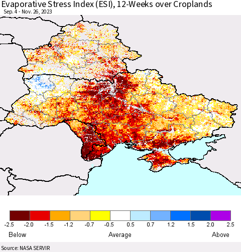 Ukraine, Moldova and Belarus Evaporative Stress Index (ESI), 12-Weeks over Croplands Thematic Map For 11/20/2023 - 11/26/2023
