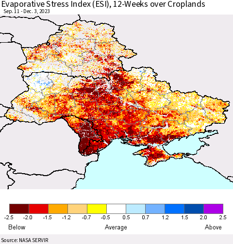 Ukraine, Moldova and Belarus Evaporative Stress Index (ESI), 12-Weeks over Croplands Thematic Map For 11/27/2023 - 12/3/2023