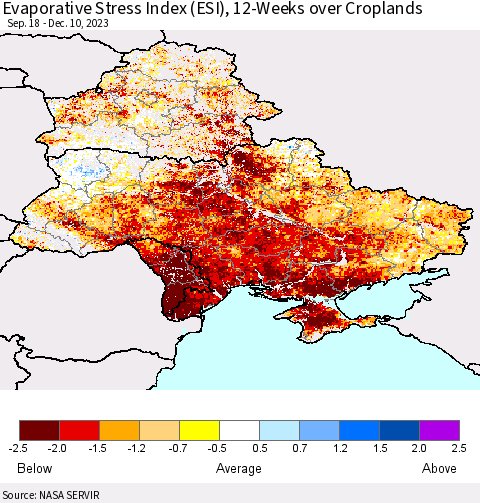 Ukraine, Moldova and Belarus Evaporative Stress Index (ESI), 12-Weeks over Croplands Thematic Map For 12/4/2023 - 12/10/2023
