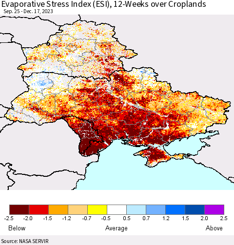 Ukraine, Moldova and Belarus Evaporative Stress Index (ESI), 12-Weeks over Croplands Thematic Map For 12/11/2023 - 12/17/2023