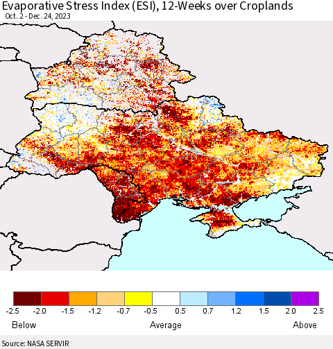 Ukraine, Moldova and Belarus Evaporative Stress Index (ESI), 12-Weeks over Croplands Thematic Map For 12/18/2023 - 12/24/2023