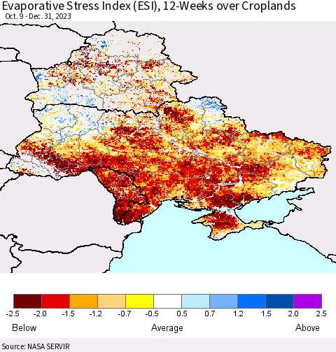 Ukraine, Moldova and Belarus Evaporative Stress Index (ESI), 12-Weeks over Croplands Thematic Map For 12/25/2023 - 12/31/2023