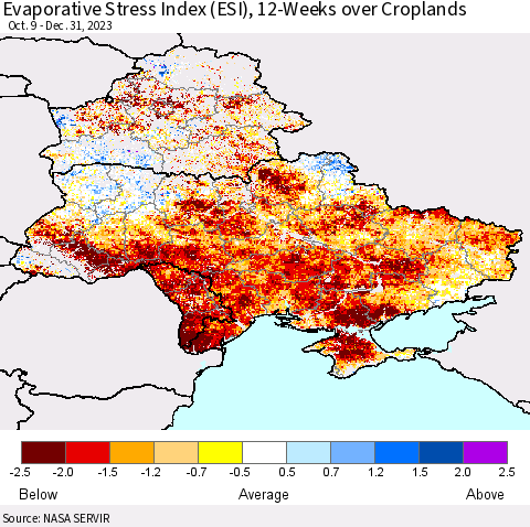 Ukraine, Moldova and Belarus Evaporative Stress Index (ESI), 12-Weeks over Croplands Thematic Map For 1/1/2024 - 1/7/2024