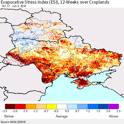 Ukraine, Moldova and Belarus Evaporative Stress Index (ESI), 12-Weeks over Croplands Thematic Map For 1/8/2024 - 1/14/2024