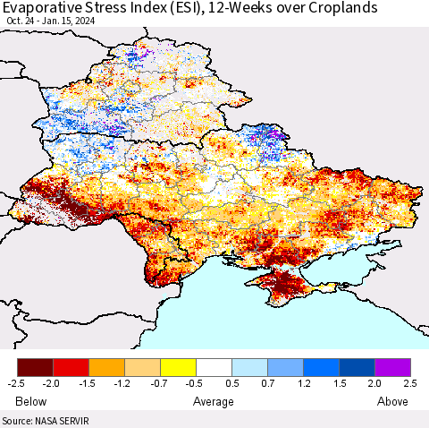 Ukraine, Moldova and Belarus Evaporative Stress Index (ESI), 12-Weeks over Croplands Thematic Map For 1/15/2024 - 1/21/2024