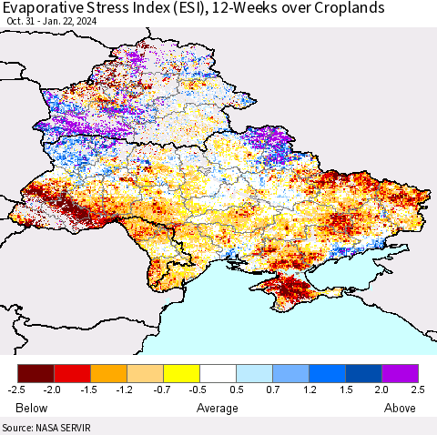 Ukraine, Moldova and Belarus Evaporative Stress Index (ESI), 12-Weeks over Croplands Thematic Map For 1/22/2024 - 1/28/2024