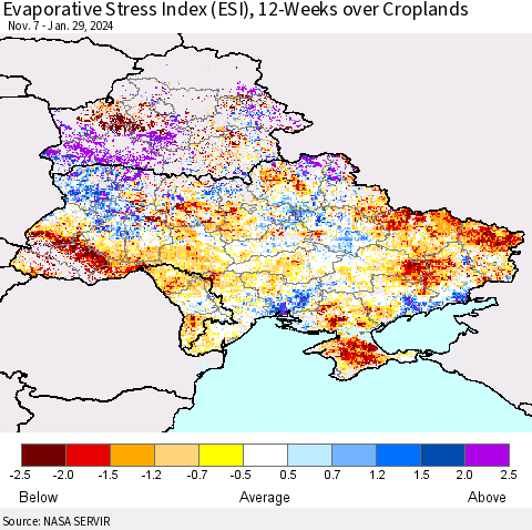 Ukraine, Moldova and Belarus Evaporative Stress Index (ESI), 12-Weeks over Croplands Thematic Map For 1/29/2024 - 2/4/2024