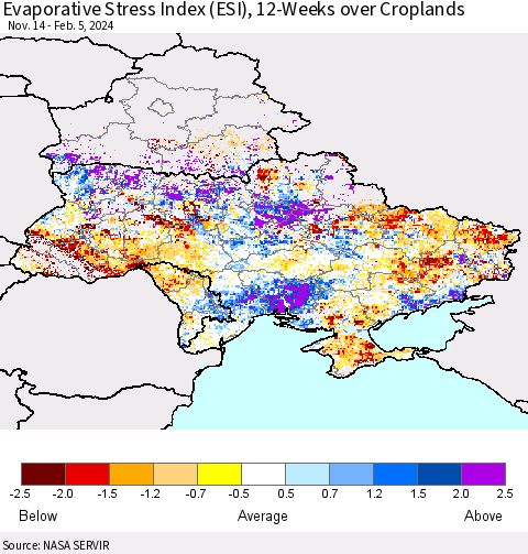 Ukraine, Moldova and Belarus Evaporative Stress Index (ESI), 12-Weeks over Croplands Thematic Map For 2/5/2024 - 2/11/2024