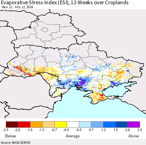Ukraine, Moldova and Belarus Evaporative Stress Index (ESI), 12-Weeks over Croplands Thematic Map For 2/12/2024 - 2/18/2024