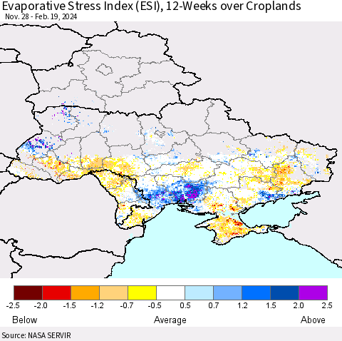 Ukraine, Moldova and Belarus Evaporative Stress Index (ESI), 12-Weeks over Croplands Thematic Map For 2/19/2024 - 2/25/2024