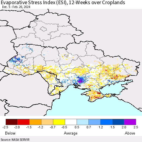 Ukraine, Moldova and Belarus Evaporative Stress Index (ESI), 12-Weeks over Croplands Thematic Map For 2/26/2024 - 3/3/2024